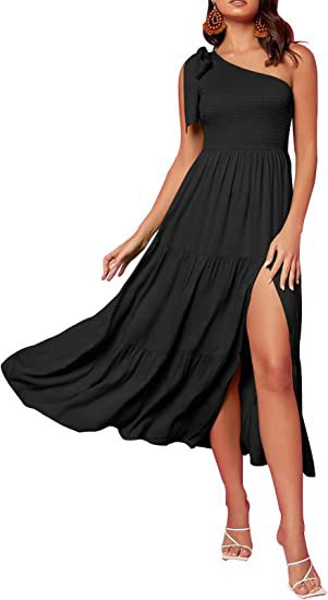 2023 New Summer Fashion Women's One-shoulder Pleated Layered Hem Split Dress