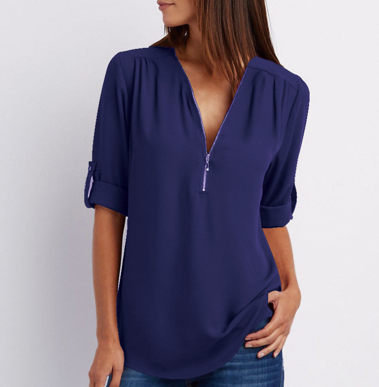 Large Size  Long Sleeve Loose V-neck Shirt